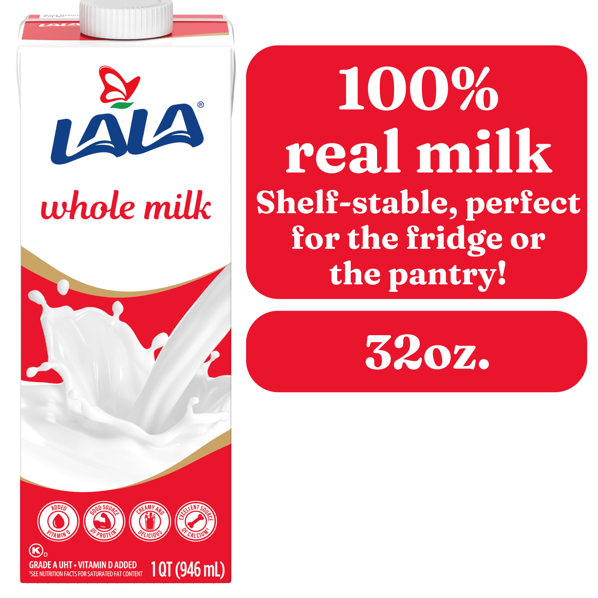 (3 pack) LALA Whole Milk UHT Shelf-Stable, Unflavored, 32 oz Box