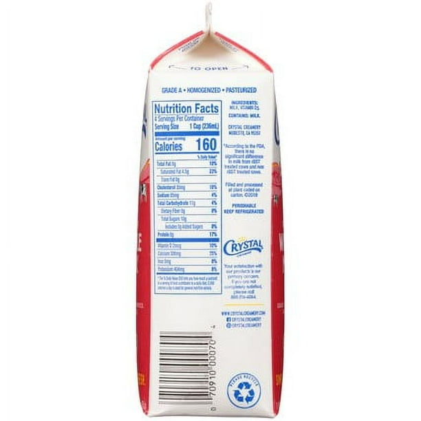 Crystal Creamery 100% California Whole Milk Vitamin D Paper Carton Quart, 32 fl oz (Refrigerated)