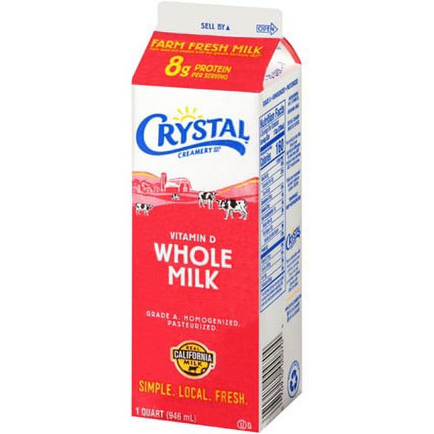 Crystal Creamery 100% California Whole Milk Vitamin D Paper Carton Quart, 32 fl oz (Refrigerated)