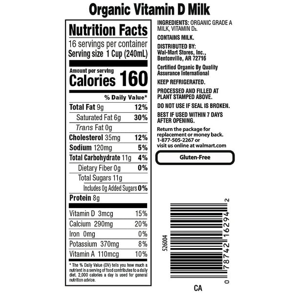 Great Value Organic Whole Unflavored Milk, 1 Gallon