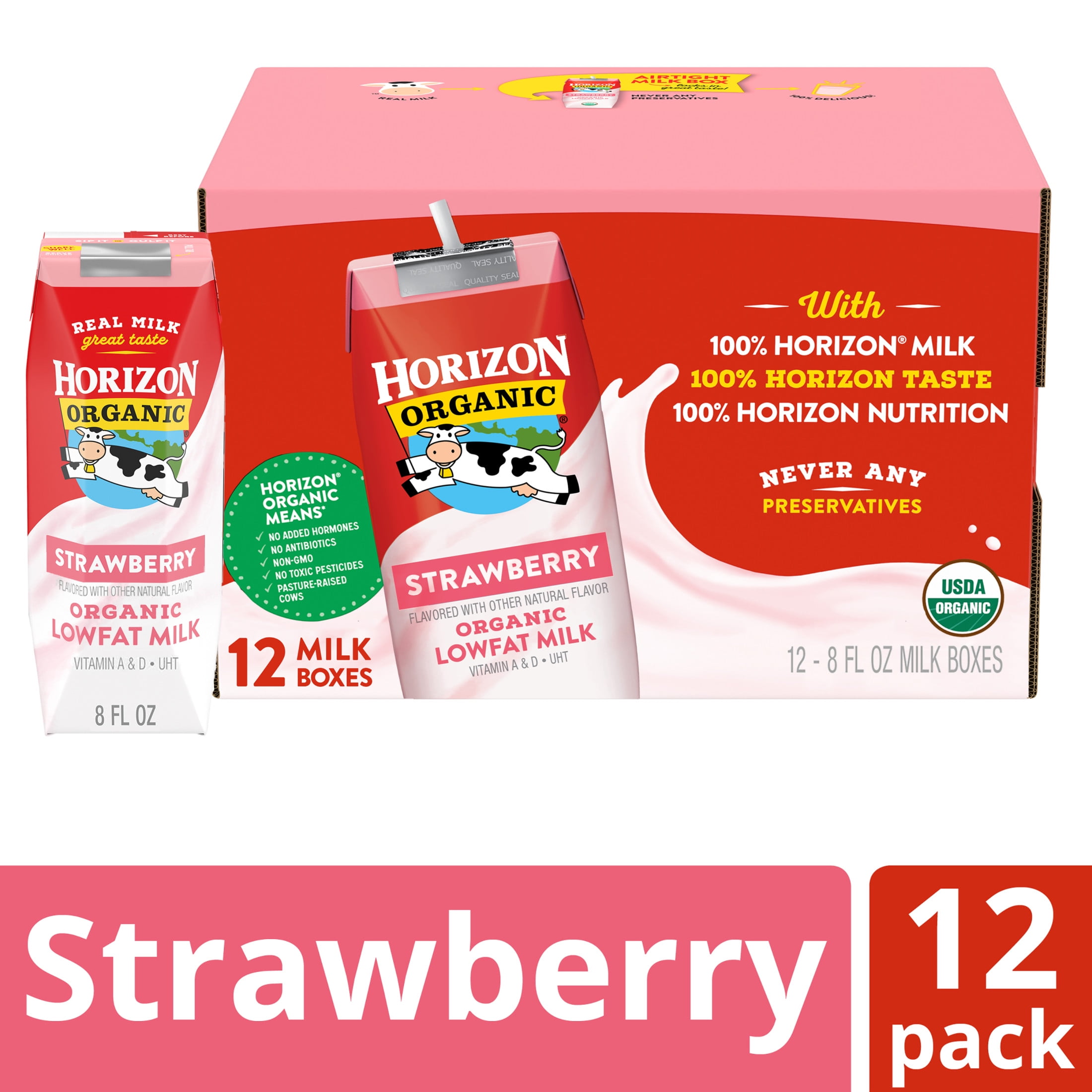 Horizon Organic Shelf-Stable 1% Low Fat Milk Boxes, Strawberry, 8 fl oz, 12 Pack